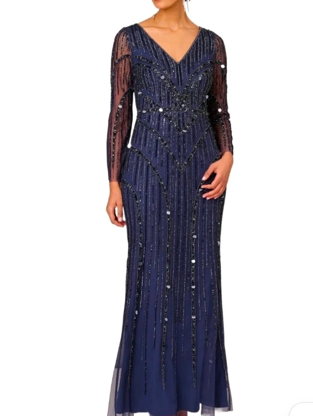 Adrianna Papell Navy Beaded Long Sleeve Gown
